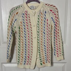 Vintage heavy knit button up sweater cardigan hand loomed chunky rainbow granny